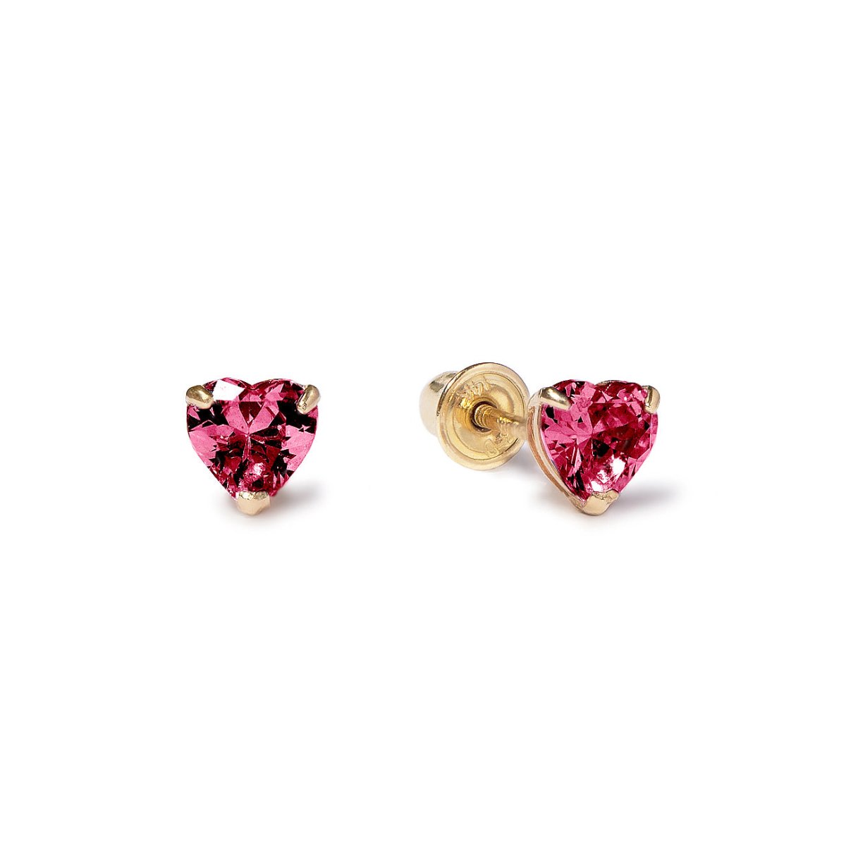 14K gold heart-cut ruby studs with deep pink-red stones in claw settings, shown with screw backs, on a white background