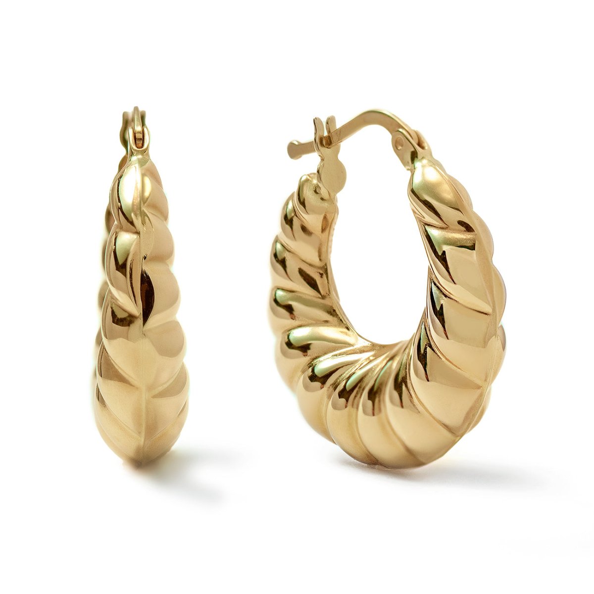 14K gold croissant bubble hoops with a twisted ridged texture, shown front and side on a white background