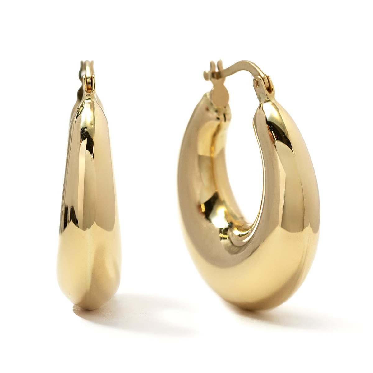 14K gold chunky dome bubble hoop earrings shown front and side, on a white background