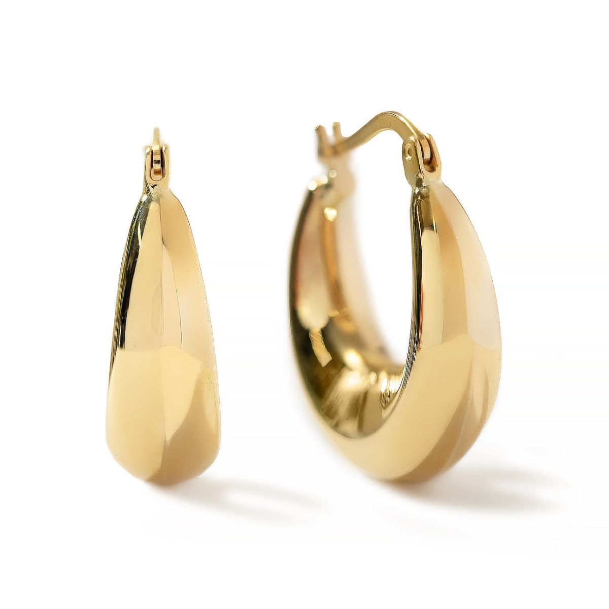 14K gold tapered U-shaped bubble hoop earrings shown front and side, on a white background
