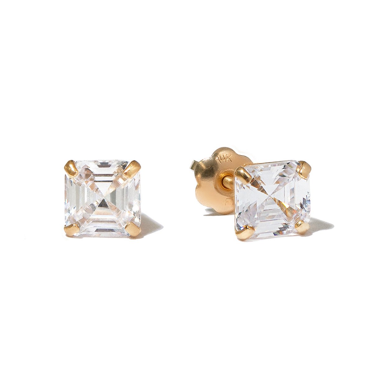 14K gold Asscher-cut white zirconia stud earrings with clear stones, front and post views on a white background