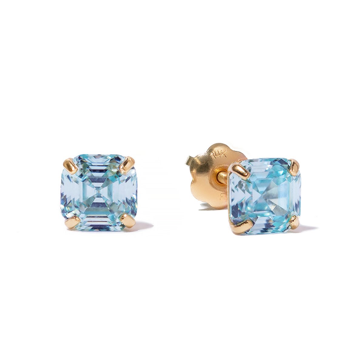 14K gold Asscher-cut aquamarine stud earrings with light blue stones, front and post views on a white background