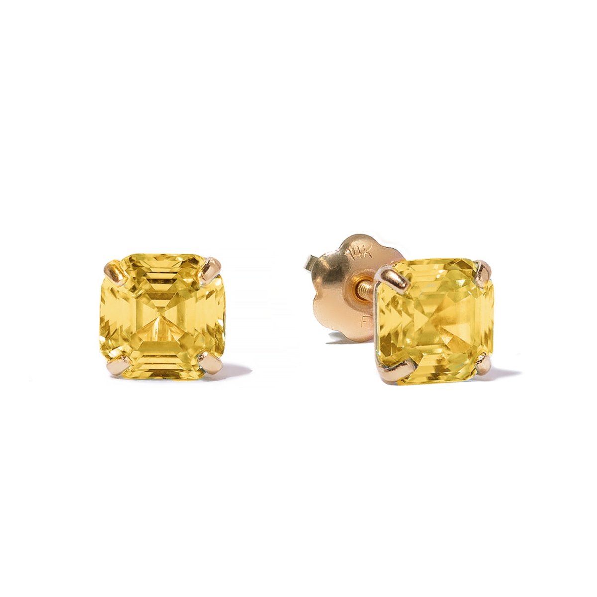 14K gold Asscher-cut citrine stud earrings with yellow stones, front and post views on a white background