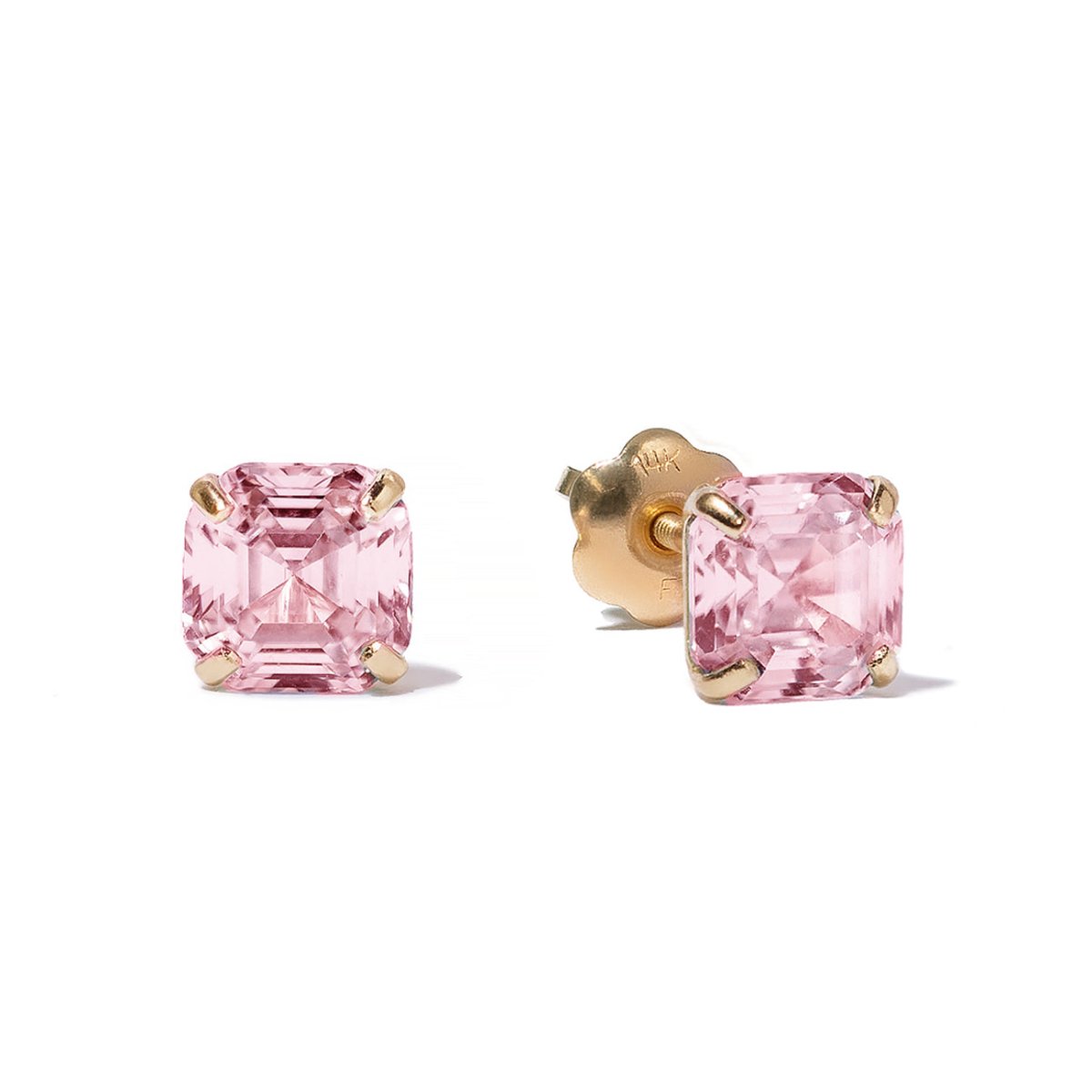 14K gold Asscher-cut pink sapphire stud earrings with pink stones, front and post views on a white background
