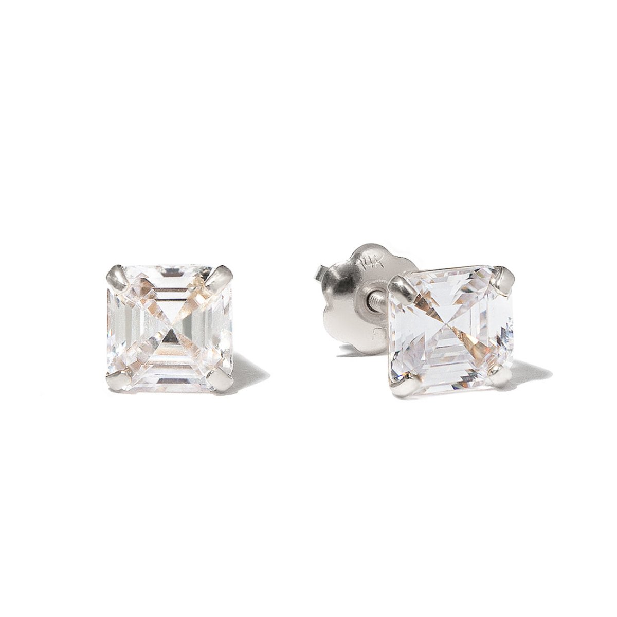 14K white gold Asscher-cut white zirconia studs with clear stones, shown front and back on a white background