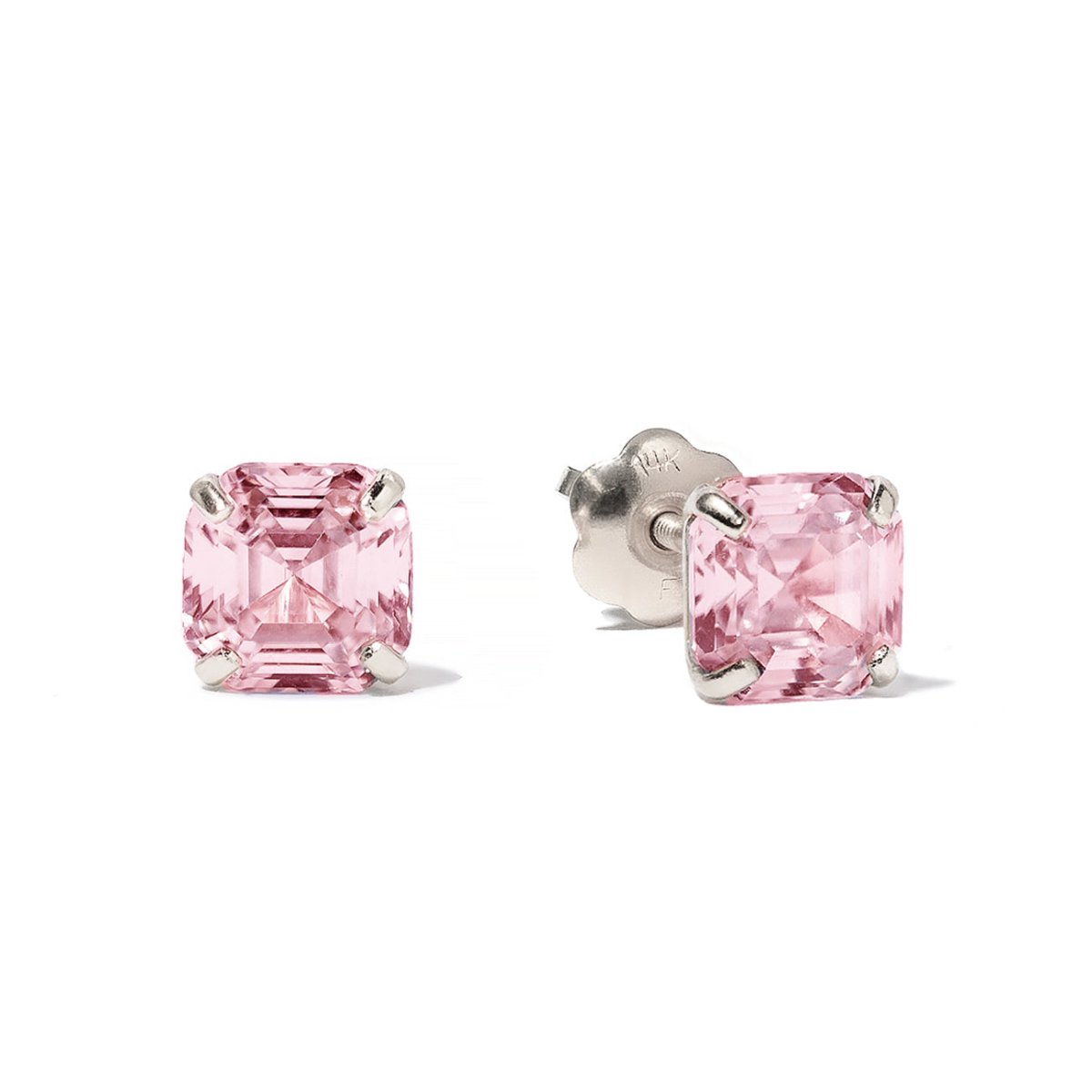 14K white gold Asscher-cut pink sapphire studs with pink stones, shown front and back on a white background