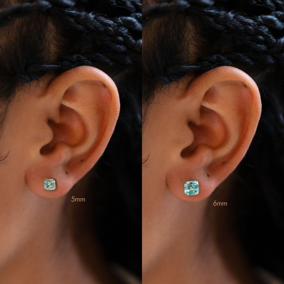 14K white gold turquoise stud on a model's lobe, 5mm and 6mm aqua-blue stone size comparison