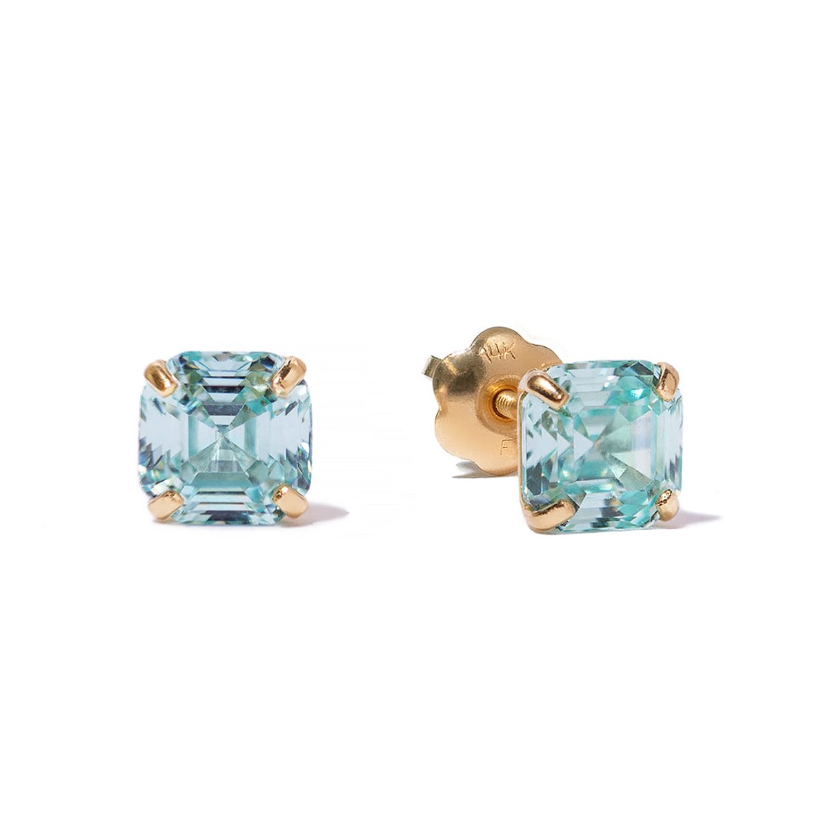 14K gold Asscher-cut turquoise stud earrings with aqua-blue stones, front and post views on a white background