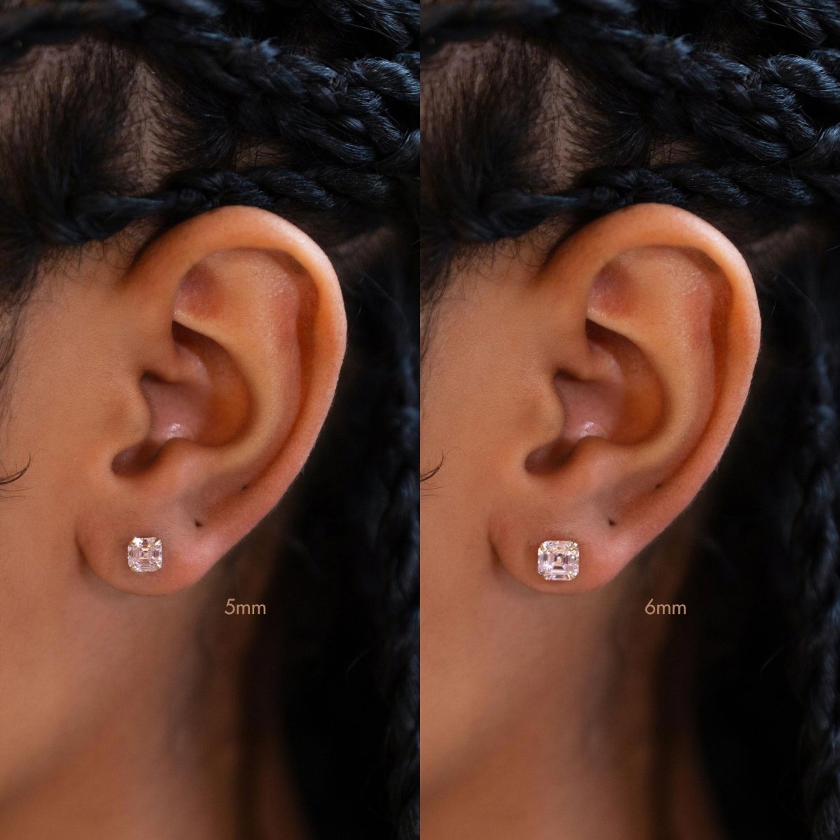 14K gold pink sapphire stud on a model's lobe, size comparison of 5mm and 6mm pink stones