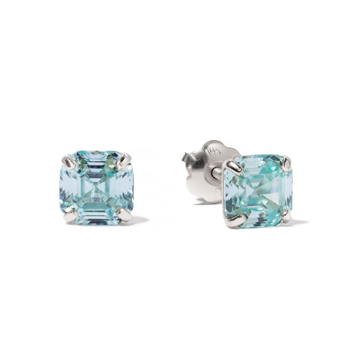 14K white gold Asscher-cut turquoise studs with aqua-blue stones, shown front and back on a white background