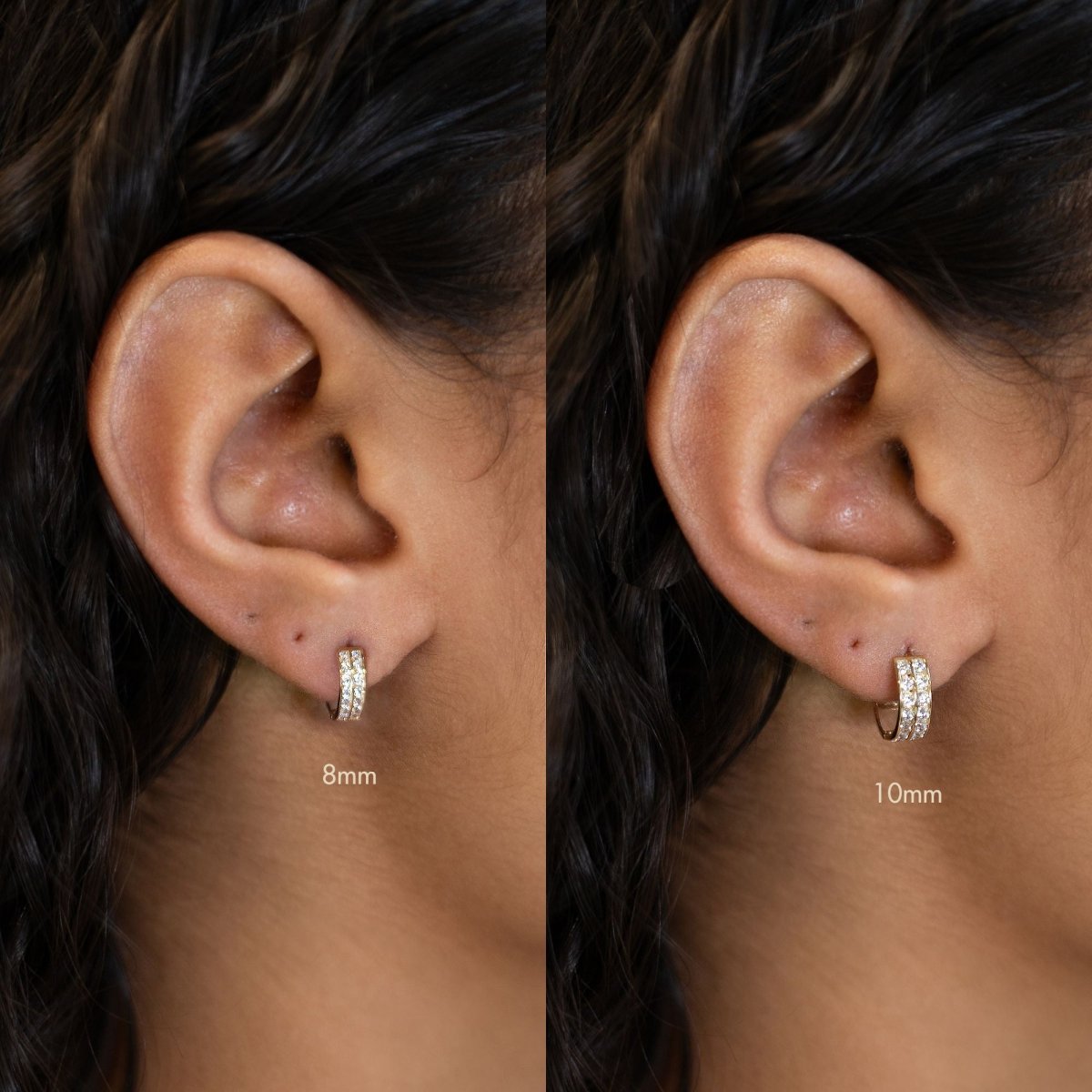14K gold double row pavé huggie hoops shown on a model's lobe, size comparison 8mm and 10mm