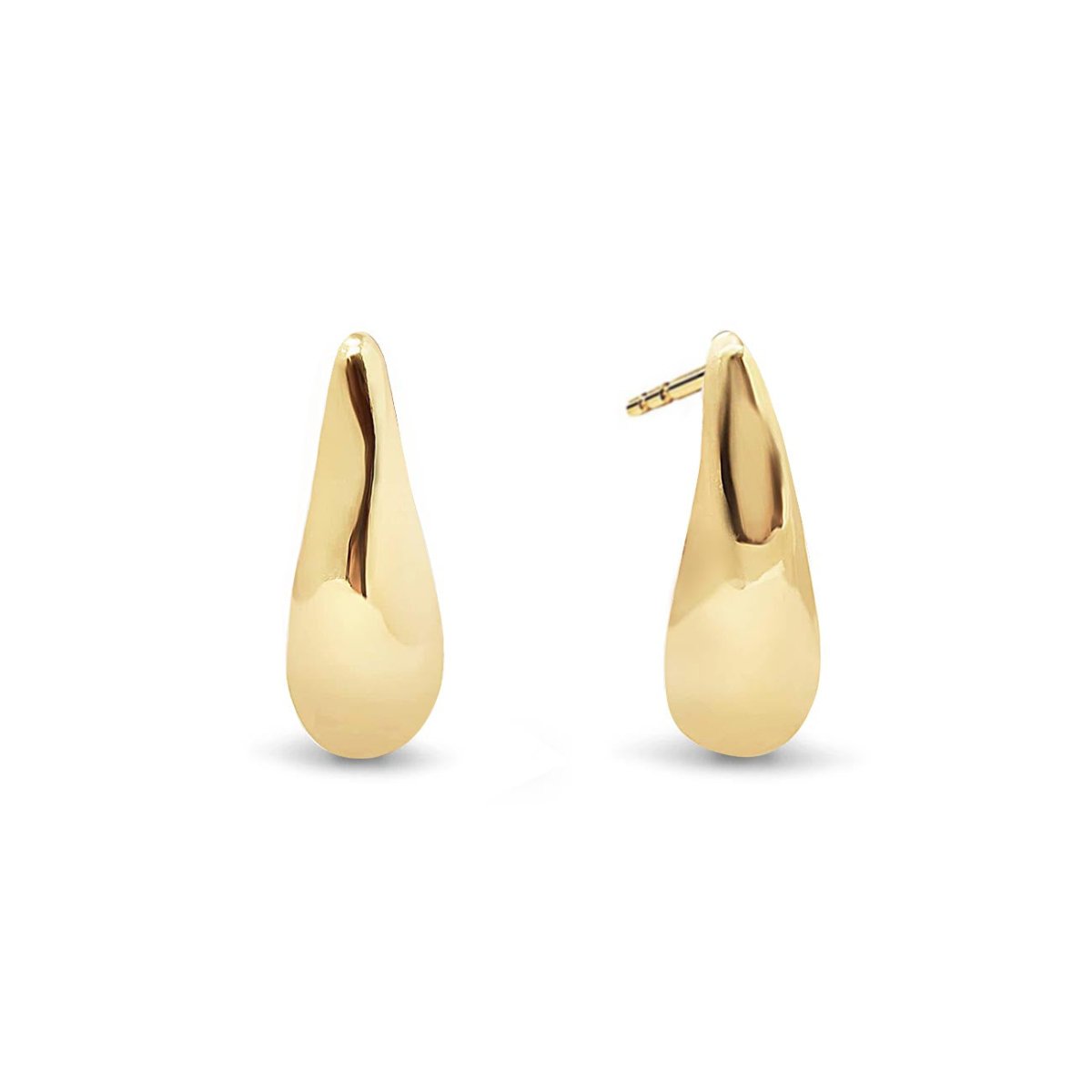 Pair of 14K gold smooth teardrop stud earrings, front and side view on a white background