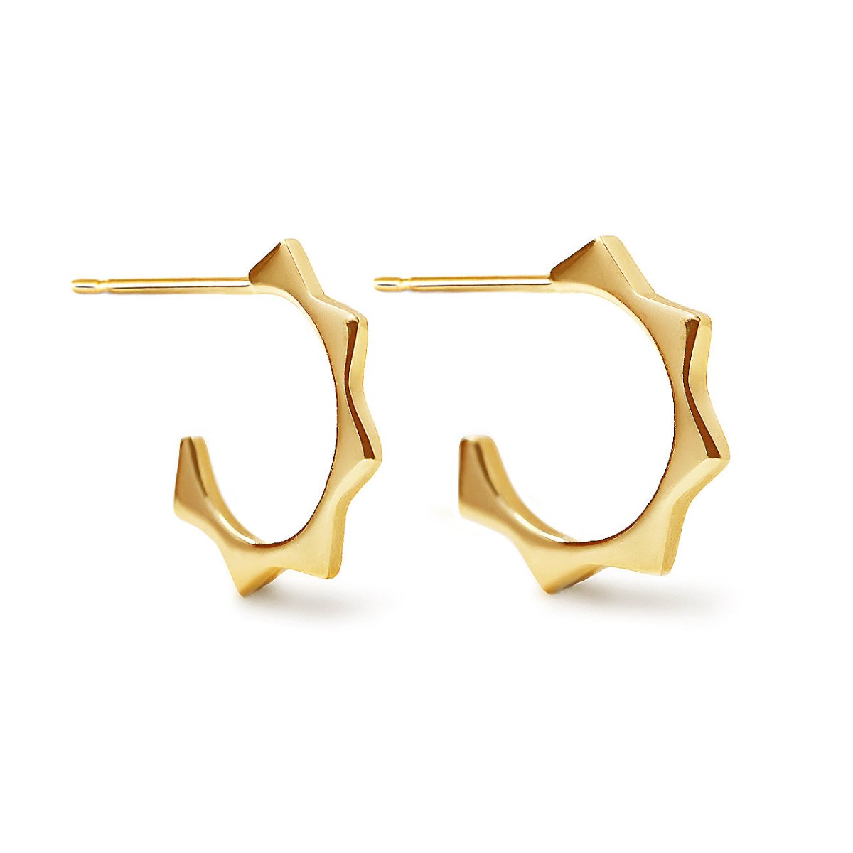 Pair of 14K gold sunray hoops with a faceted ridged C shape, on a white background