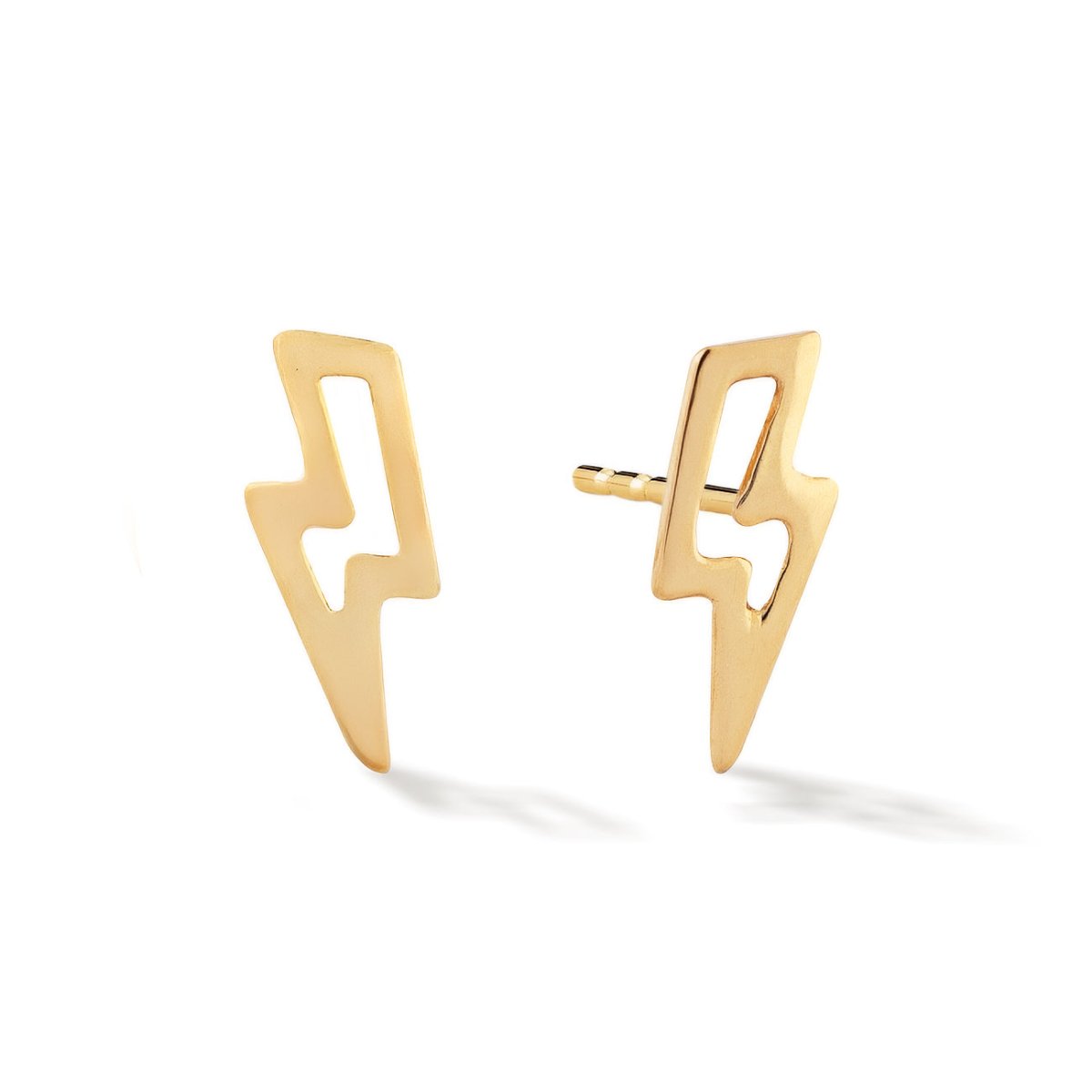 14K gold open lightning bolt outline stud earrings, shown front and side, on a white background