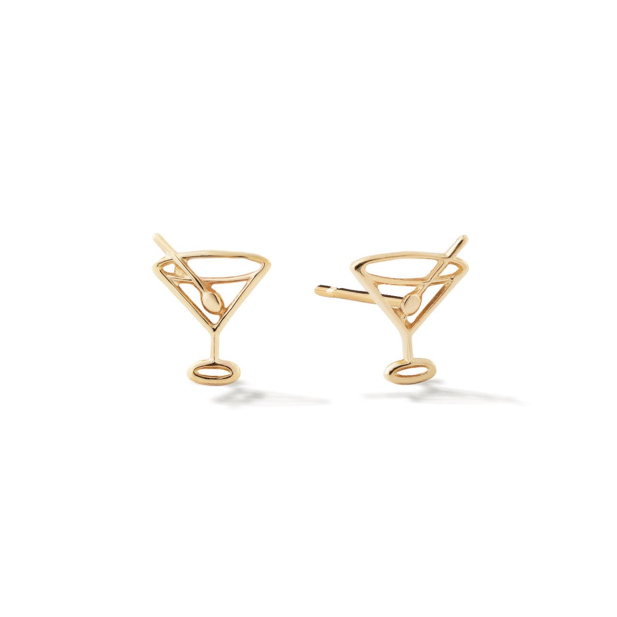 14K gold open martini glass stud earrings with an olive, on a white background