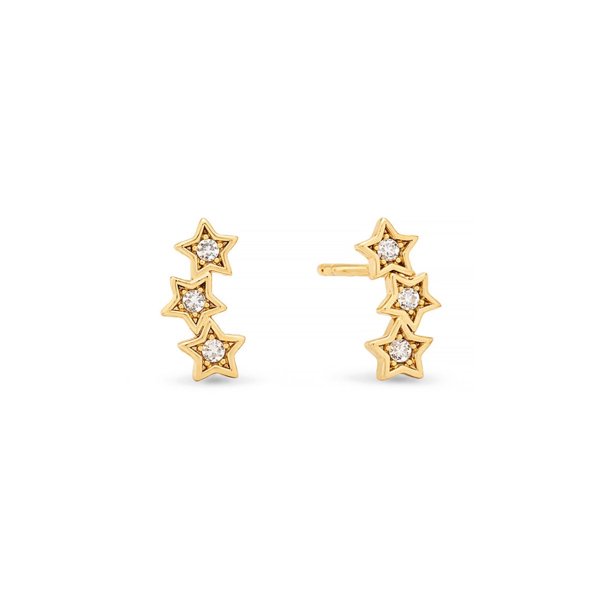 Pair of 14K gold tri-star curved studs set with small clear stones, on a white background