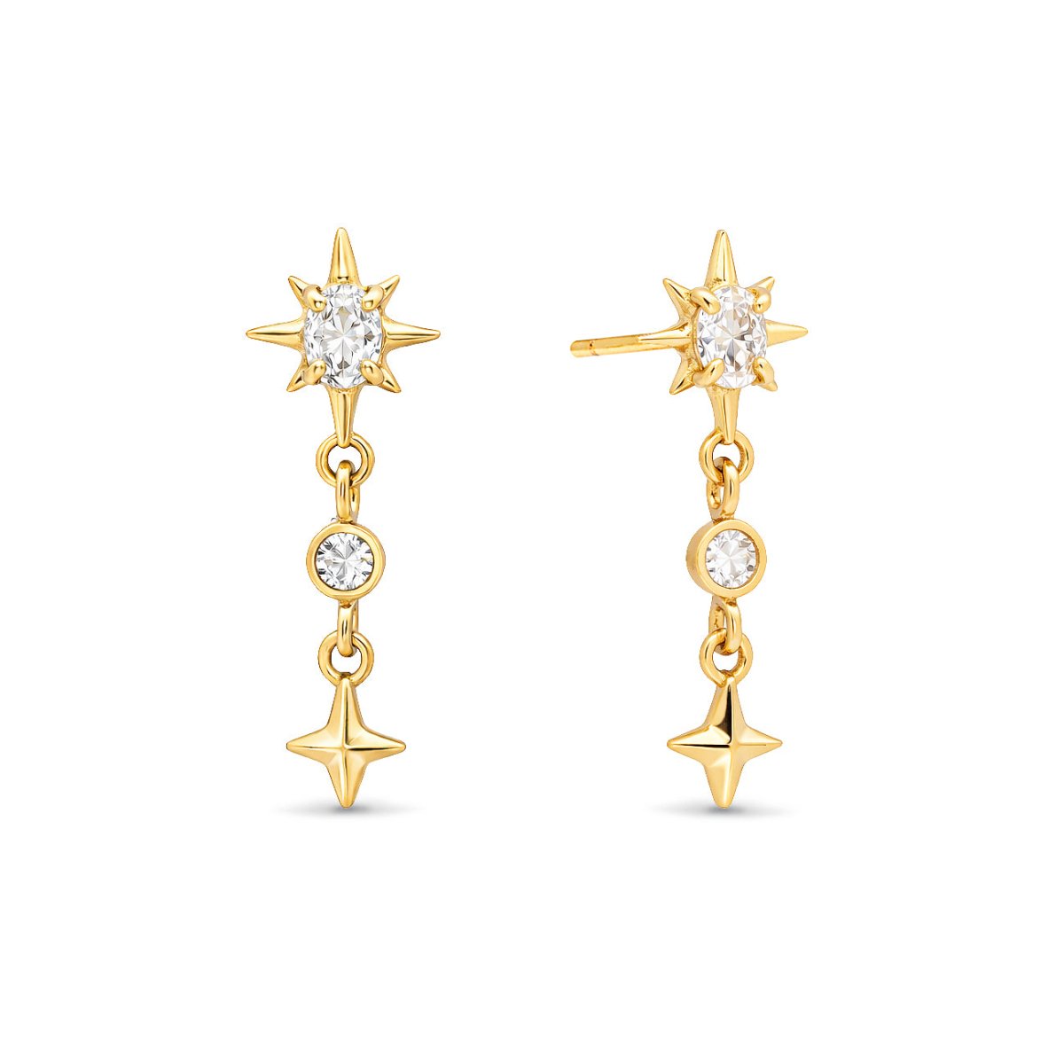 Pair of 14K gold starburst drop earrings with clear stones and a star charm, on a white background
