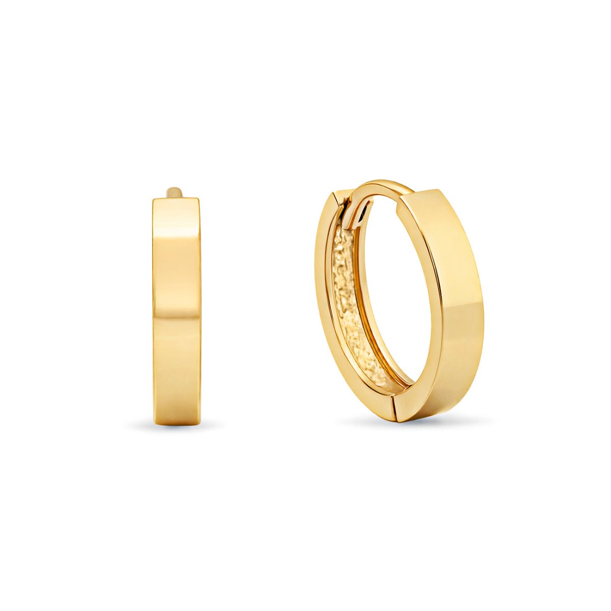 14K gold flat boyfriend huggie hoops with a wide band, side and front views on a white background