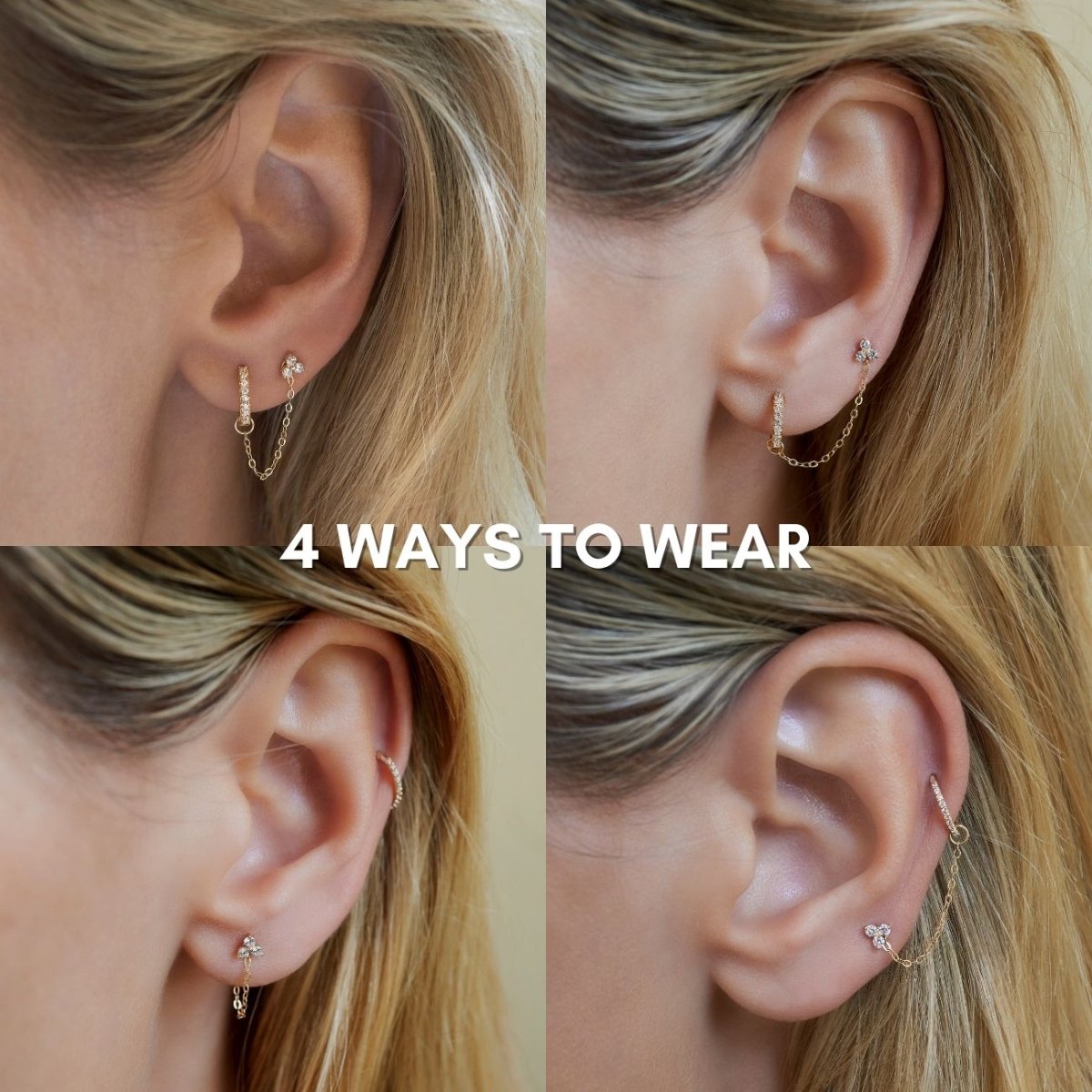 14K gold chain earring jacket size guide showing four ways to wear it on a model's ear