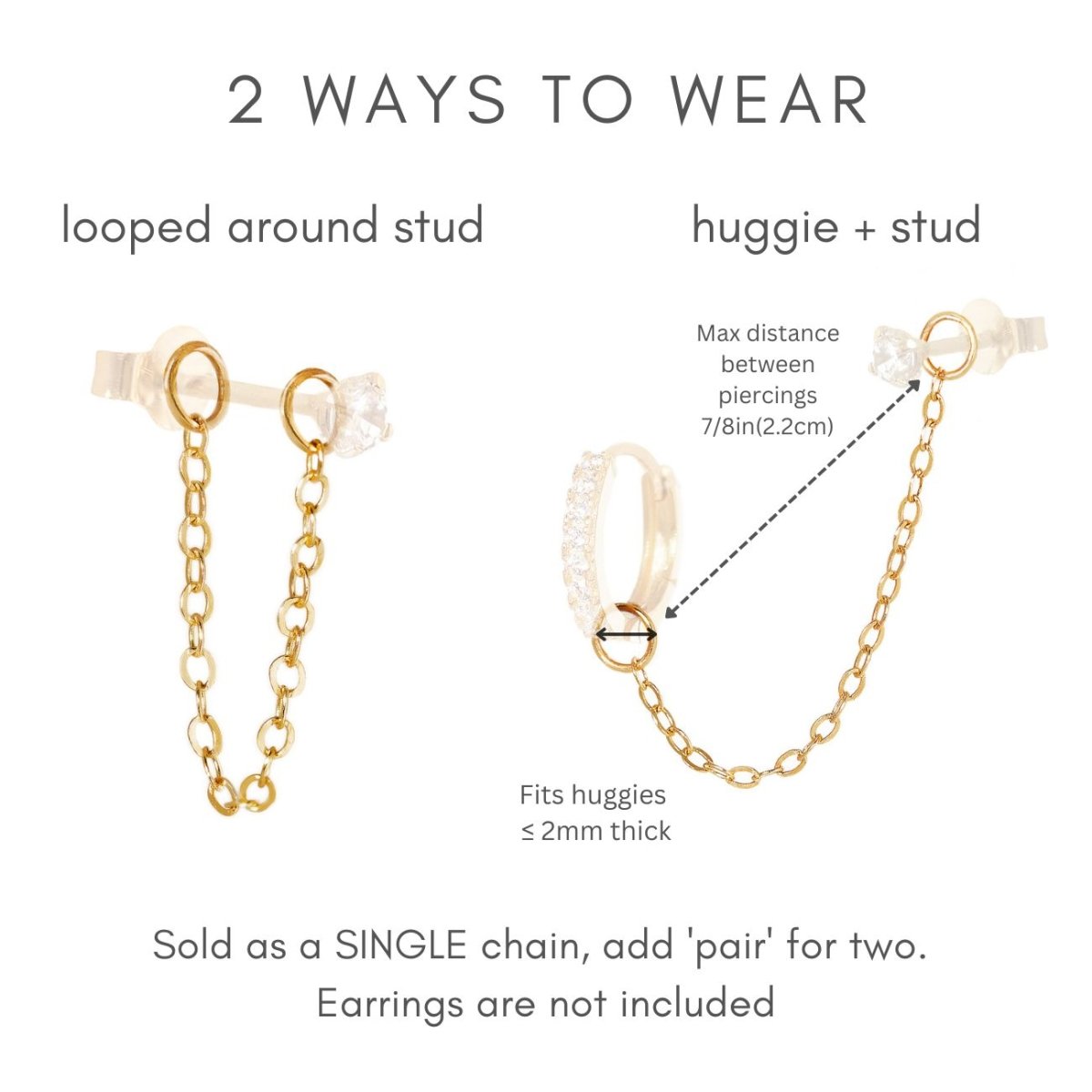 14K gold chain earring jacket guide showing looped-around-stud and huggie-plus-stud wear options