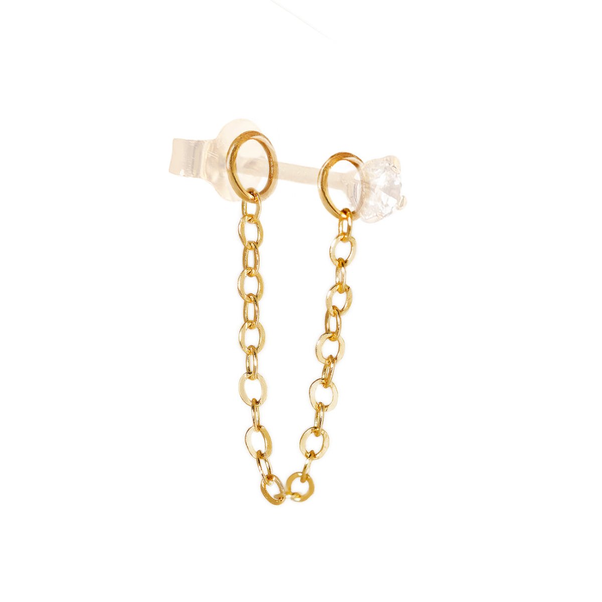 14K gold chain earring jacket connecting two studs, one with a clear stone, on a white background