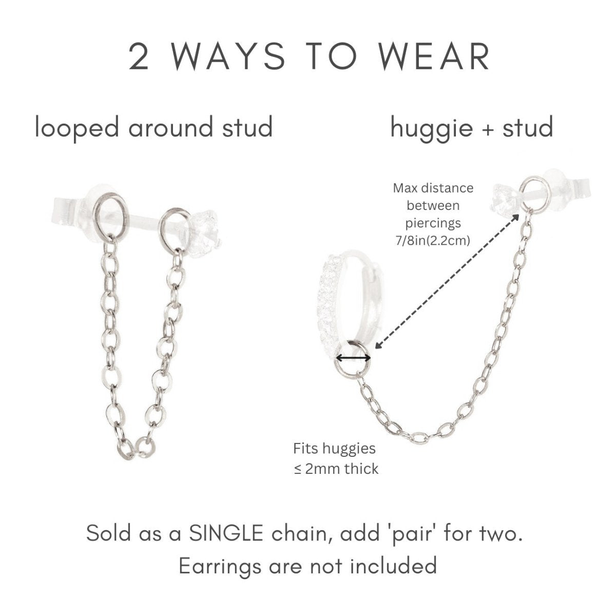 14K white gold chain earring jacket guide showing looped-around-stud and huggie-plus-stud options