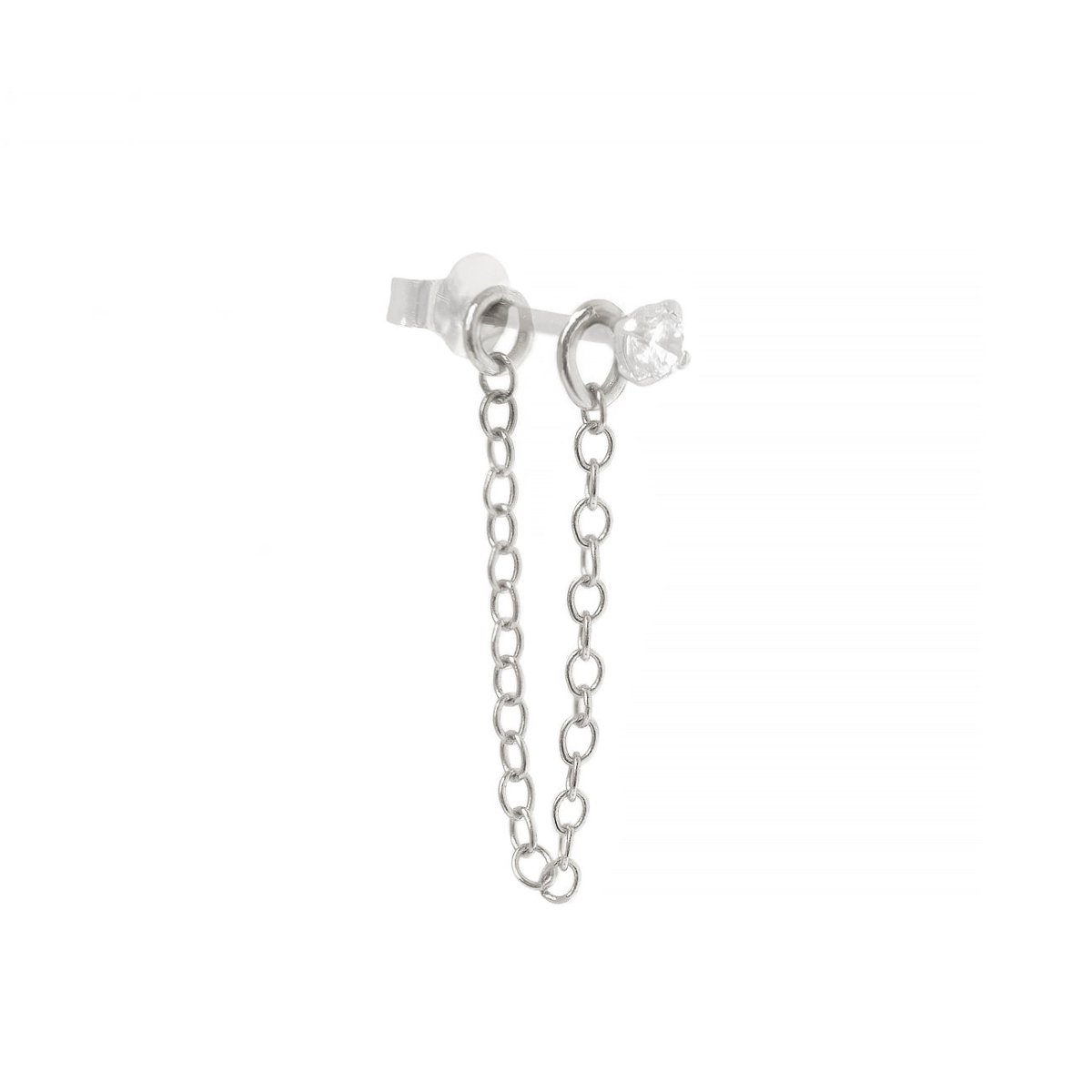 14K white gold chain earring jacket connecting two studs, one clear stone, on a white background