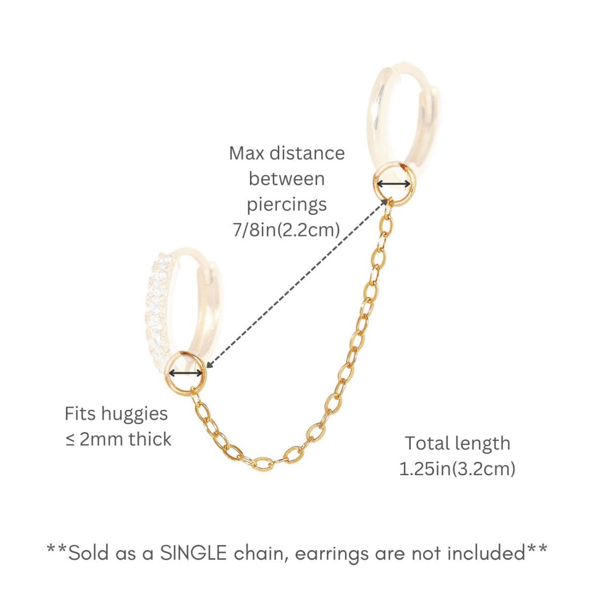 14K gold chain ear jacket for huggies size guide, 7/8 inch between piercings, 1.25 inch total