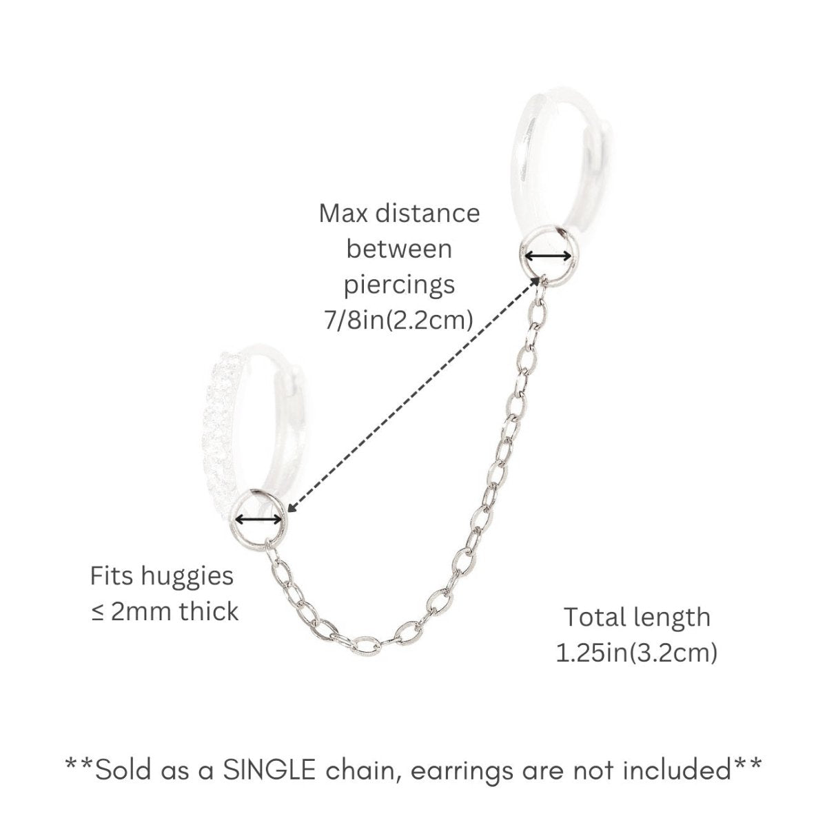 14K white gold chain-linked huggie hoops with a pavé hoop, close-up on a white background