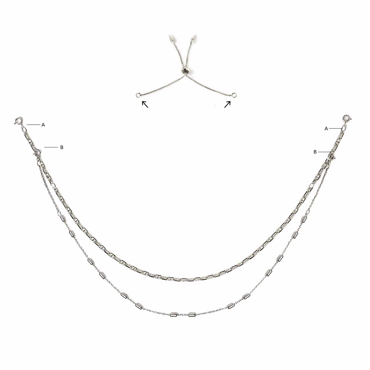 Sterling silver extender shown with a two-strand layered necklace, on a white background