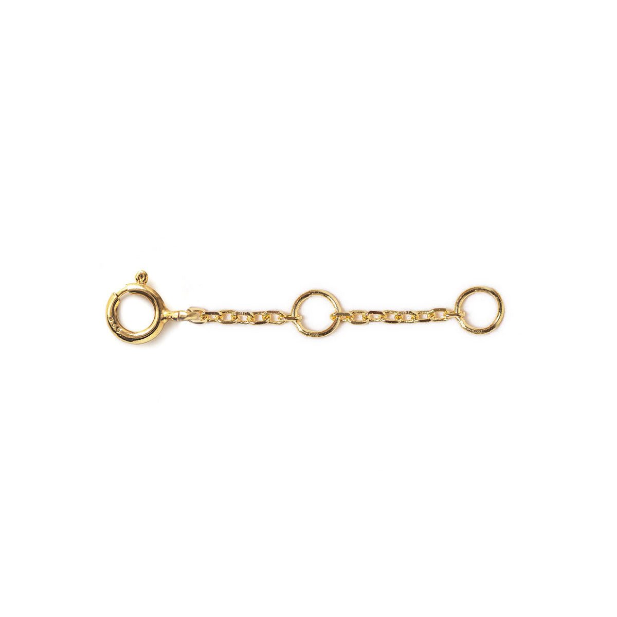 Gold vermeil bracelet chain extender with a spring-ring clasp, on a white background