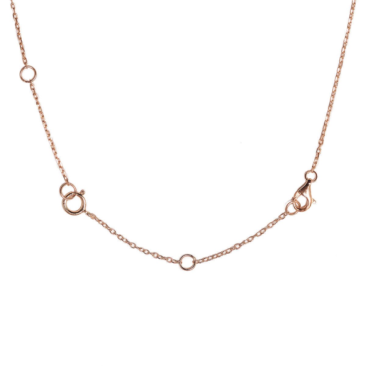 Rose gold vermeil extender chain joining a lobster clasp and spring-ring clasp, on a white background