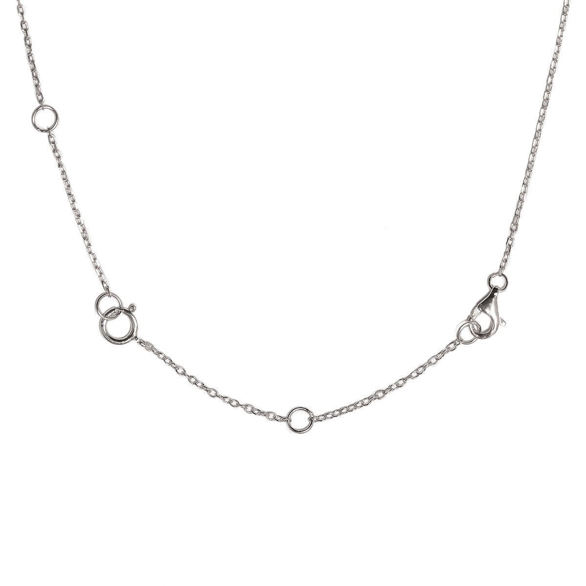 Sterling silver extender chain joining a lobster clasp and spring-ring clasp, on a white background