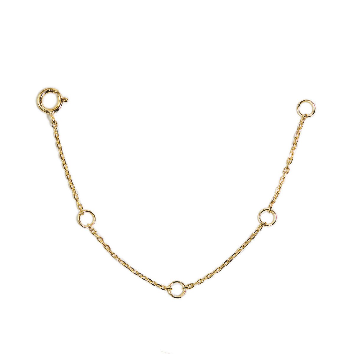 Gold vermeil body chain extender with adjustable rings and a spring-ring clasp, on a white background