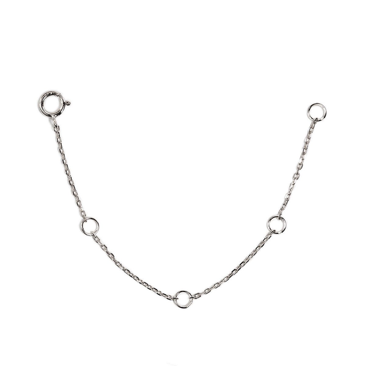 Sterling silver body chain extender with adjustable rings and a spring-ring clasp, on a white background