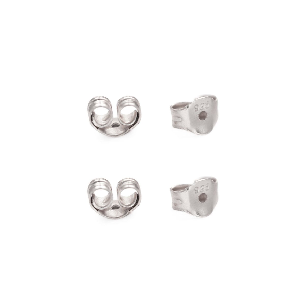 Pair of silver butterfly earring backs, shown front and side on a white background