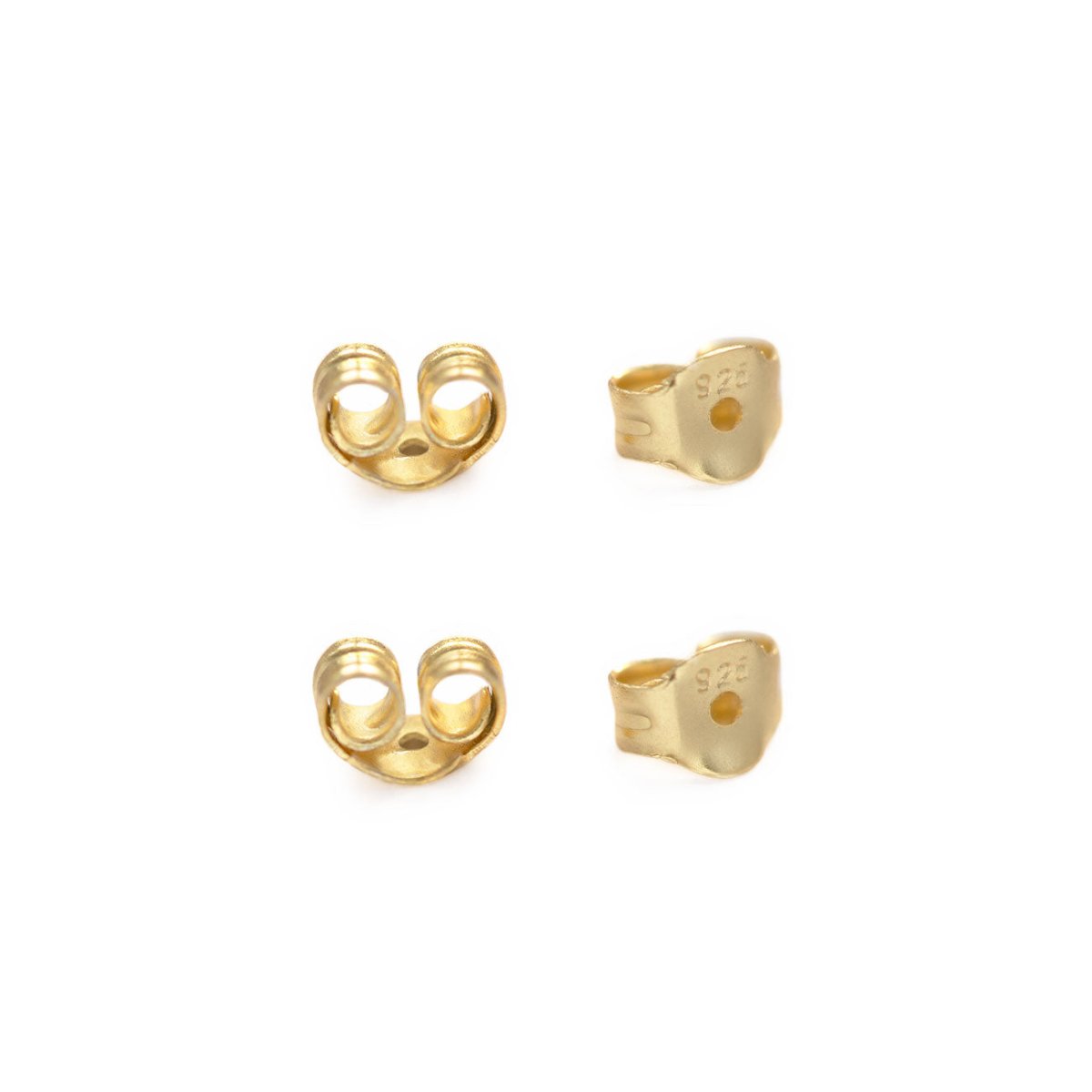 Pair of gold butterfly earring backs, shown front and side on a white background