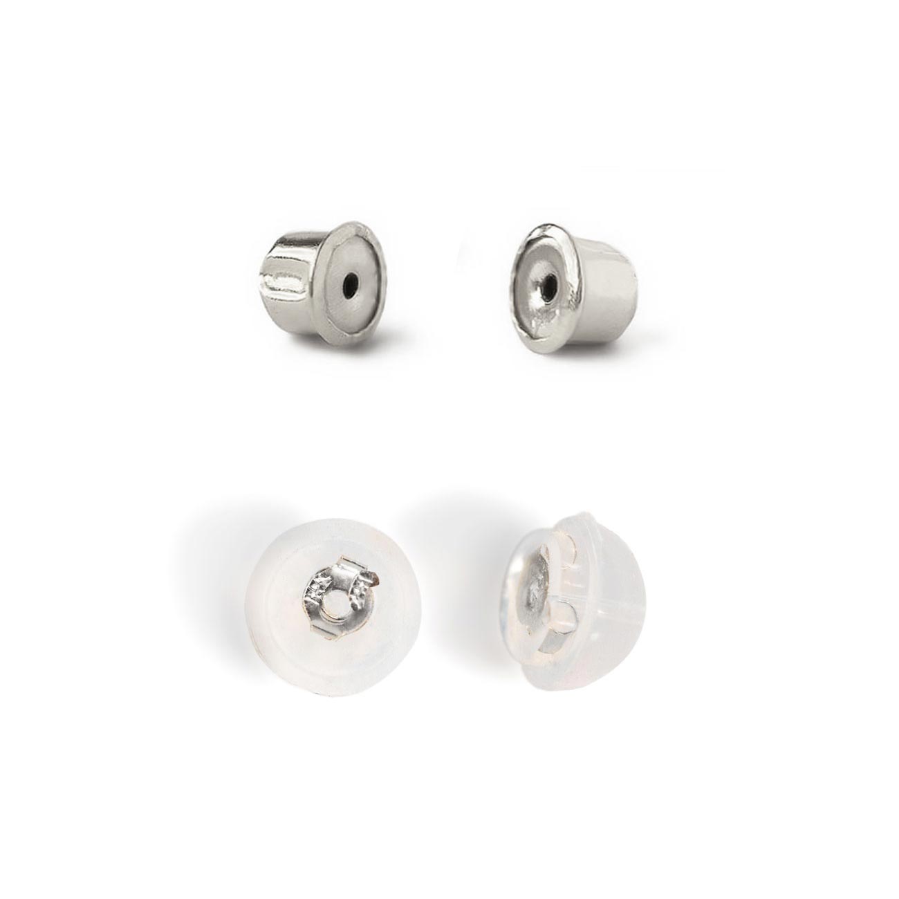 14K white gold metal and clear silicone screw-back earring closures, on a white background