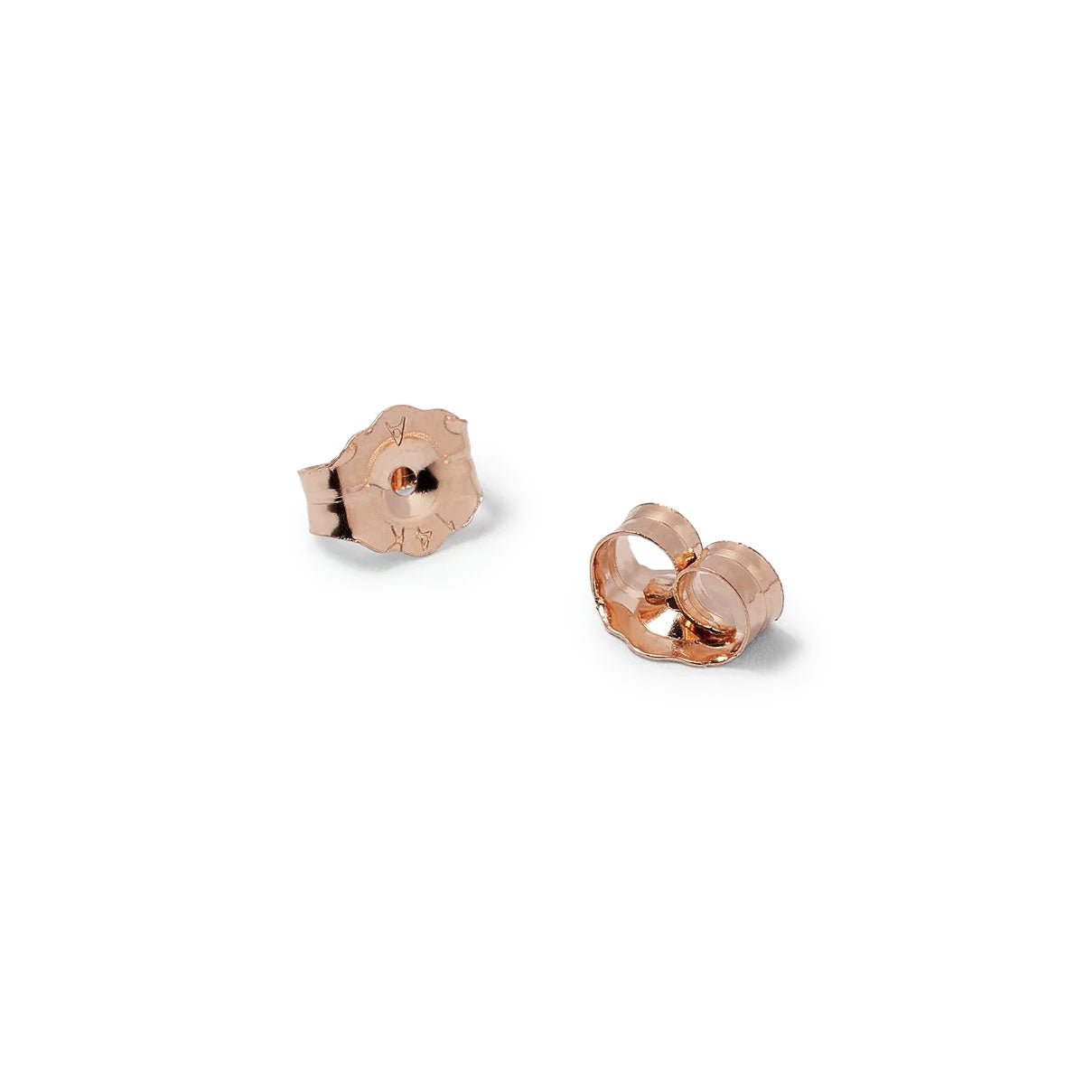 14K rose gold earring backs, two friction butterfly backs shown front and side, on a white background