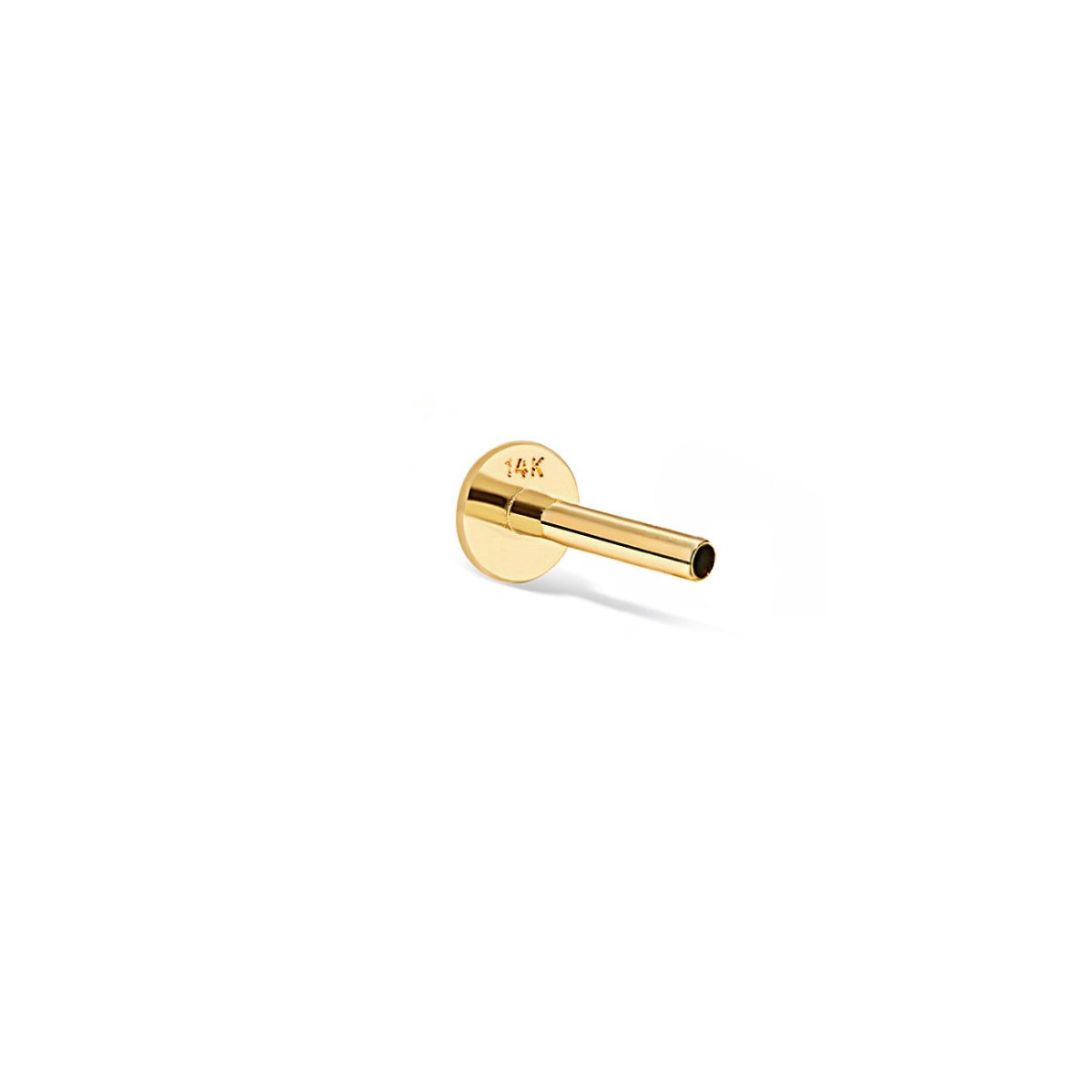 14K gold flat back threadless backing post with a stamped disc, on a white background