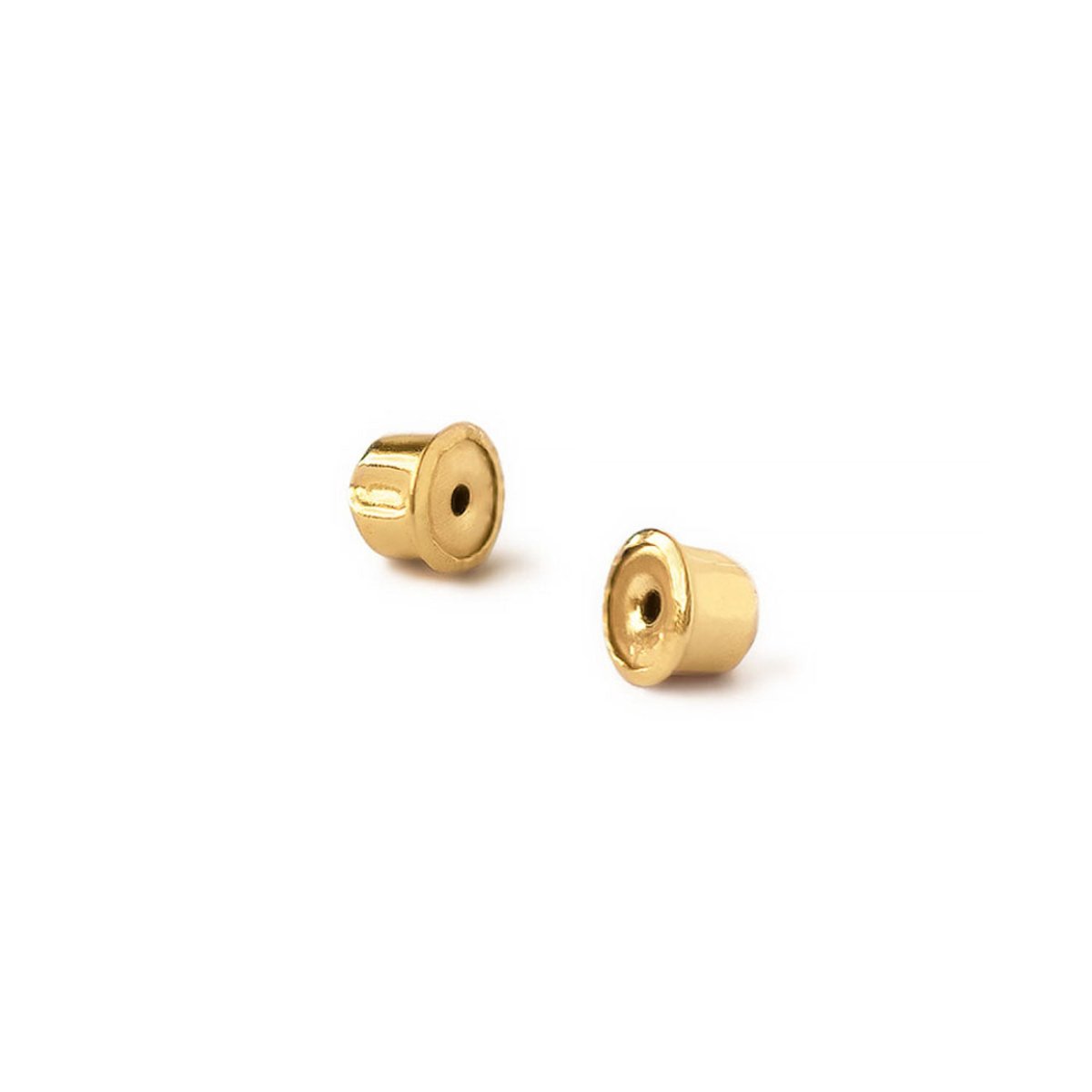 Pair of gold dome screw-back earring backs on a white background