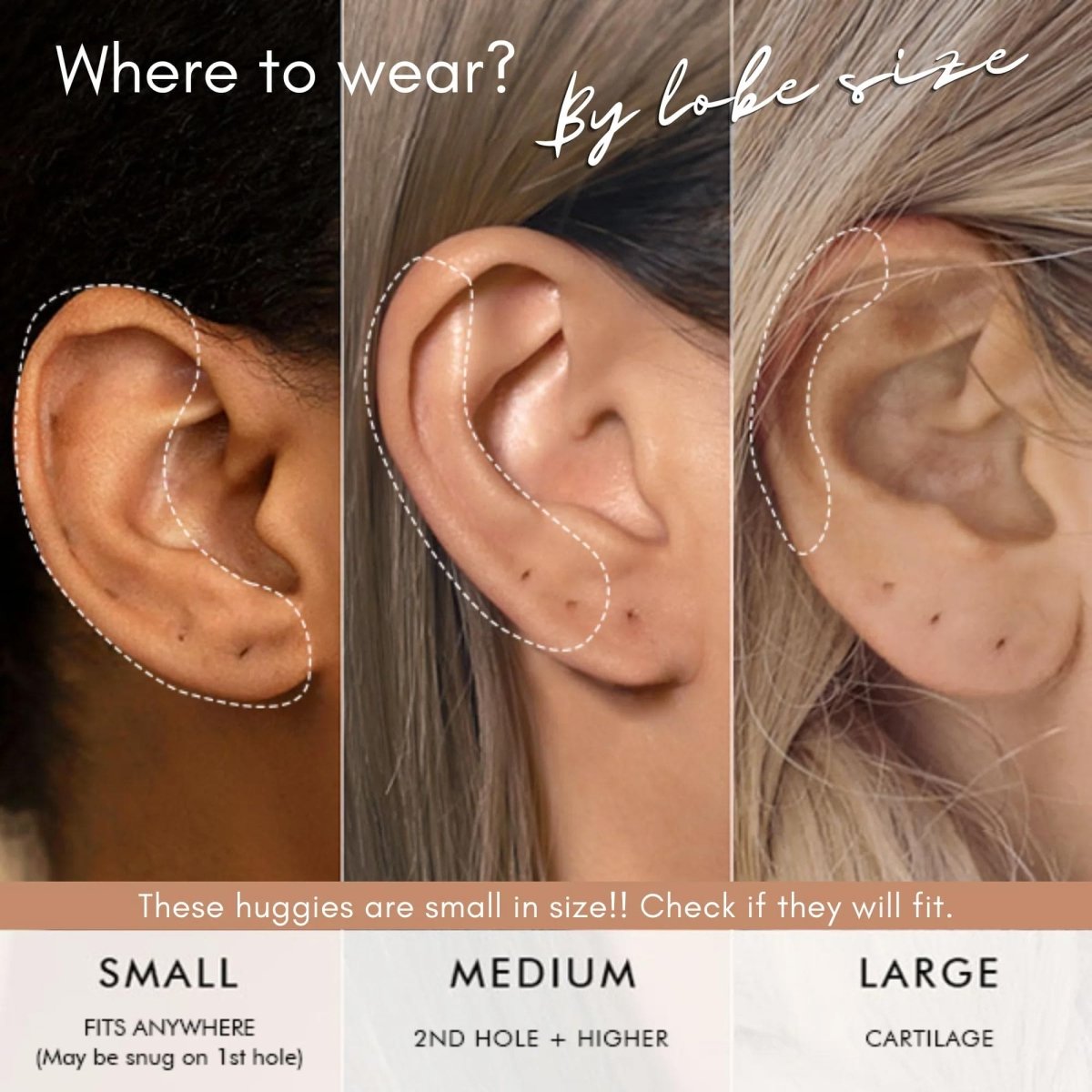 Huggie earring fit guide comparing small, medium and large lobe placements shown on three ears