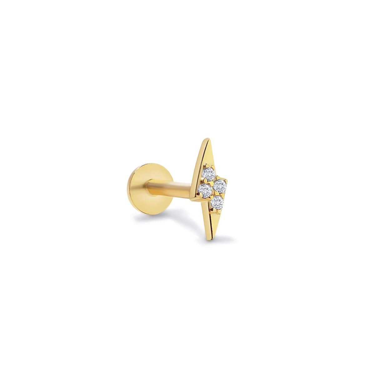 Gold vermeil tiny lightning bolt flat back stud with pavé white zirconia, on a white background