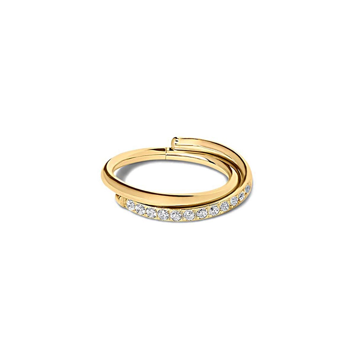 Gold titanium criss cross pavé cartilage clicker hoop with clear stones, on a white background