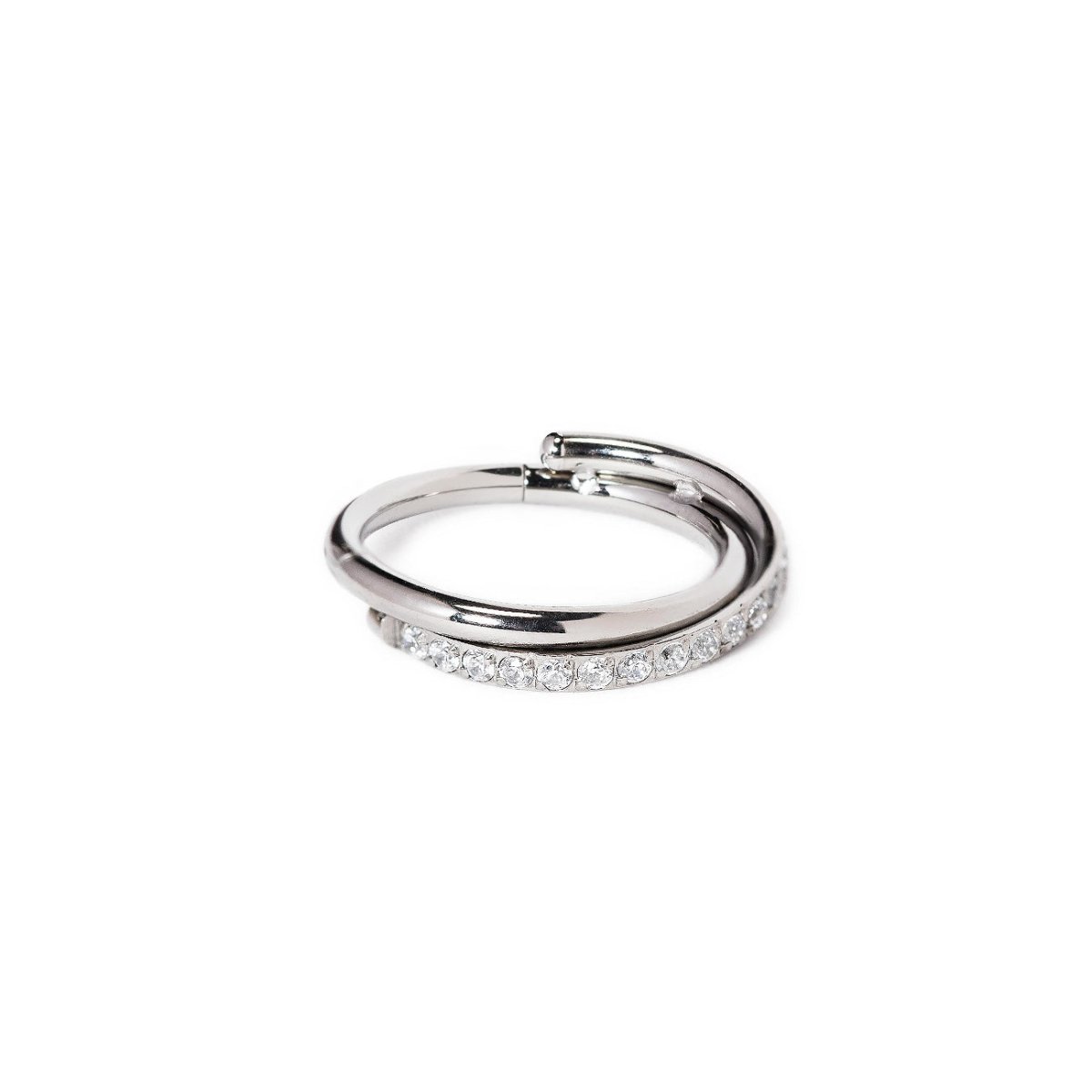 Sterling silver criss cross pavé cartilage hoop with clear stones, on a model's helix