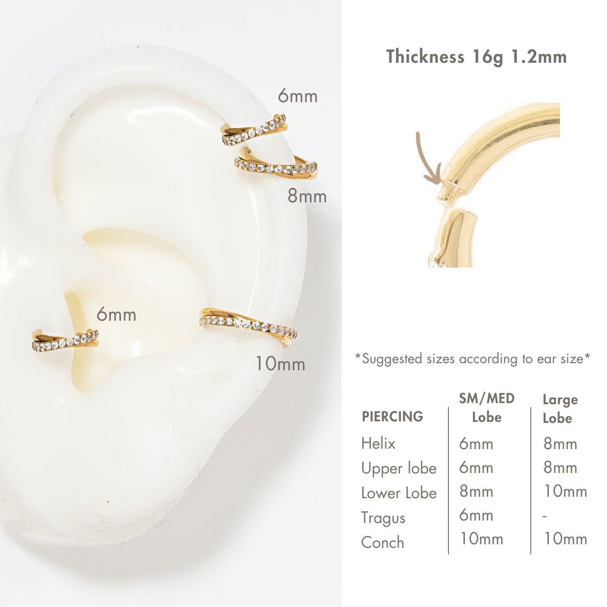 Gold titanium pavé criss-cross cartilage earrings with clear stones, sizing guide shown on an ear model