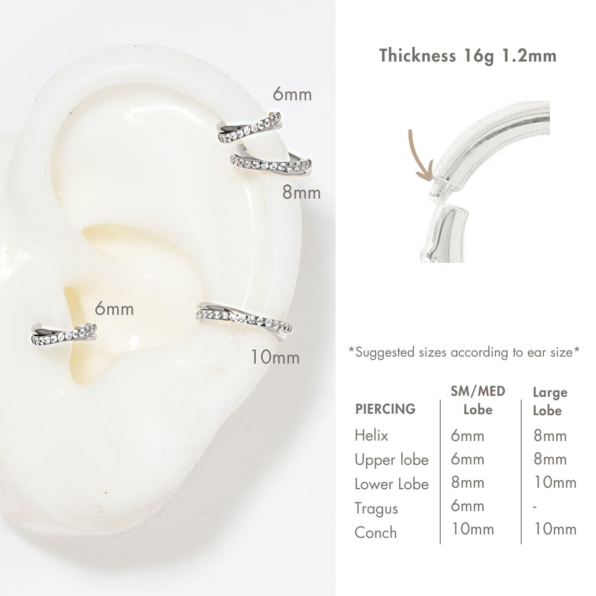 Titanium pavé criss-cross cartilage earrings with clear stones, sizing guide shown on an ear model