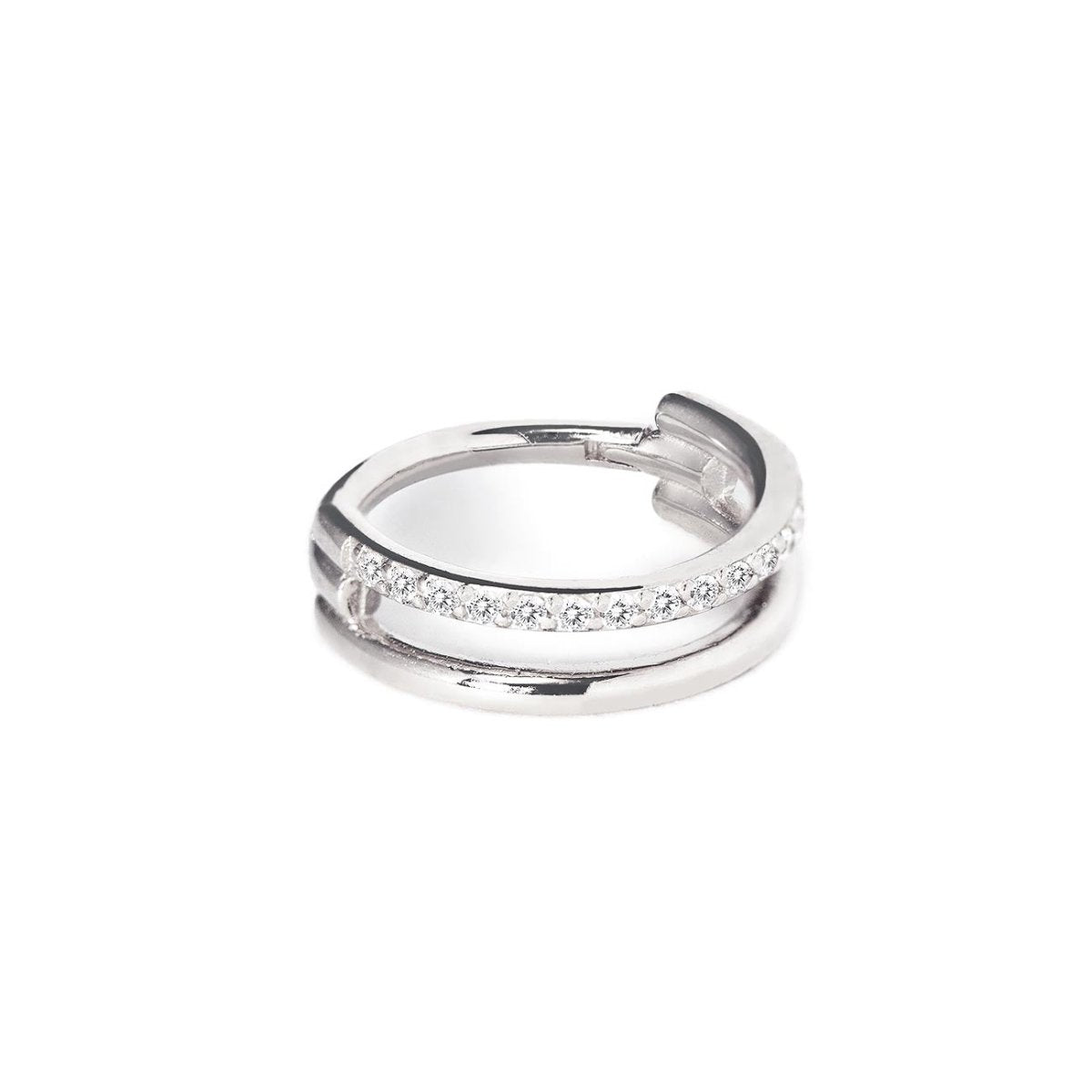 Sterling silver double hoop pavé cartilage earring with white zirconia and a clicker closure, on a white background