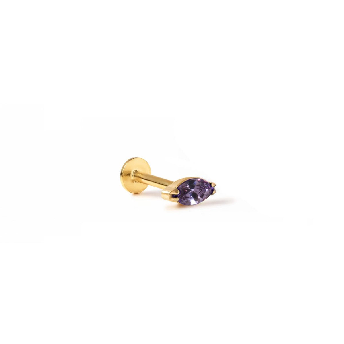 Gold titanium tiny marquise flat back stud with a purple amethyst, on a white background | #Gemstone_Amethyst