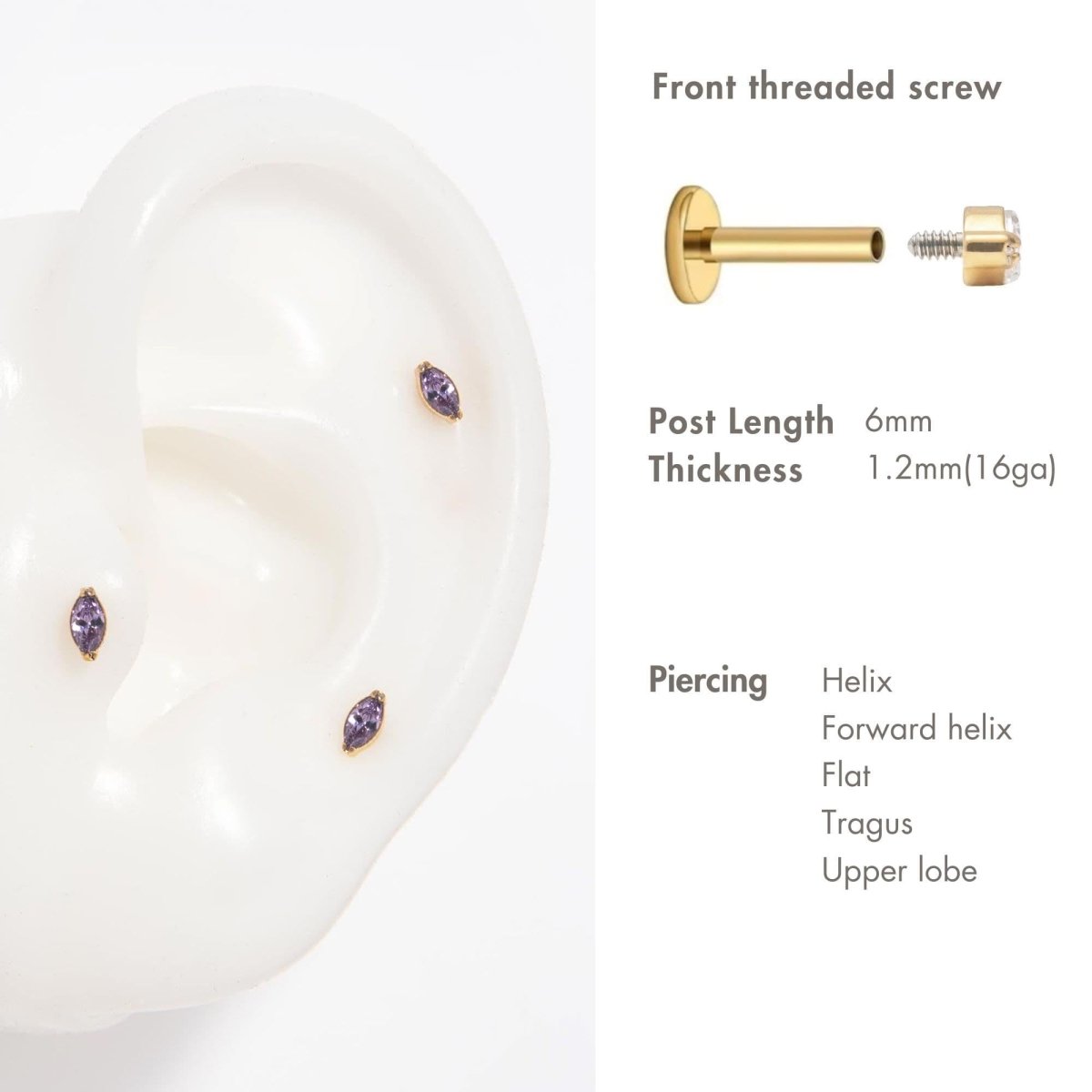 Gold titanium amethyst flat back studs on an ear form with sizing and piercing placement guide | #Gemstone_Amethyst